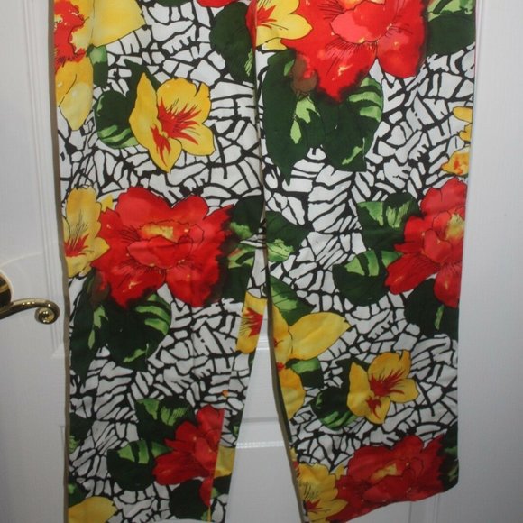 Eric Casual Capri cropped stretch pants floral hibiscus orange yellow sz 10 NEW… - Picture 2 of 6